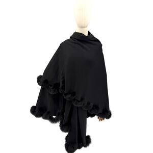 Caruana Black Heavy Knit Genuine Fur Trim Elegant Outerwear Cape Ruana